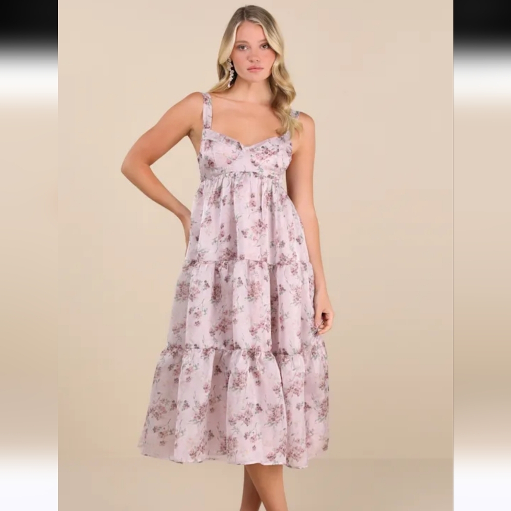 Lulus Marvelously Darling Mauve Floral Tiered Backless Midi Dress Cottagecore S - Picture 9 of 10